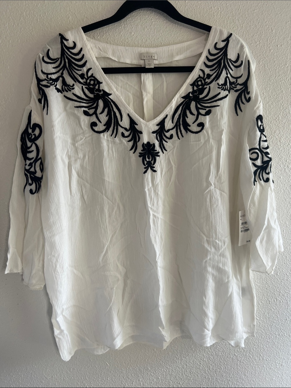 Hinge ivory V-Neck Tunic with Black Embroidery, medium new with tags